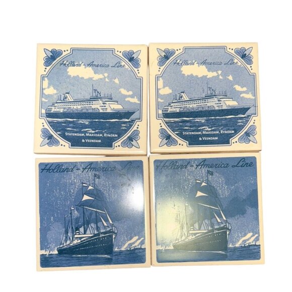 Set Of 4 Holland America Line Ceramic Coasters With Ship Design - Picture 1 of 8